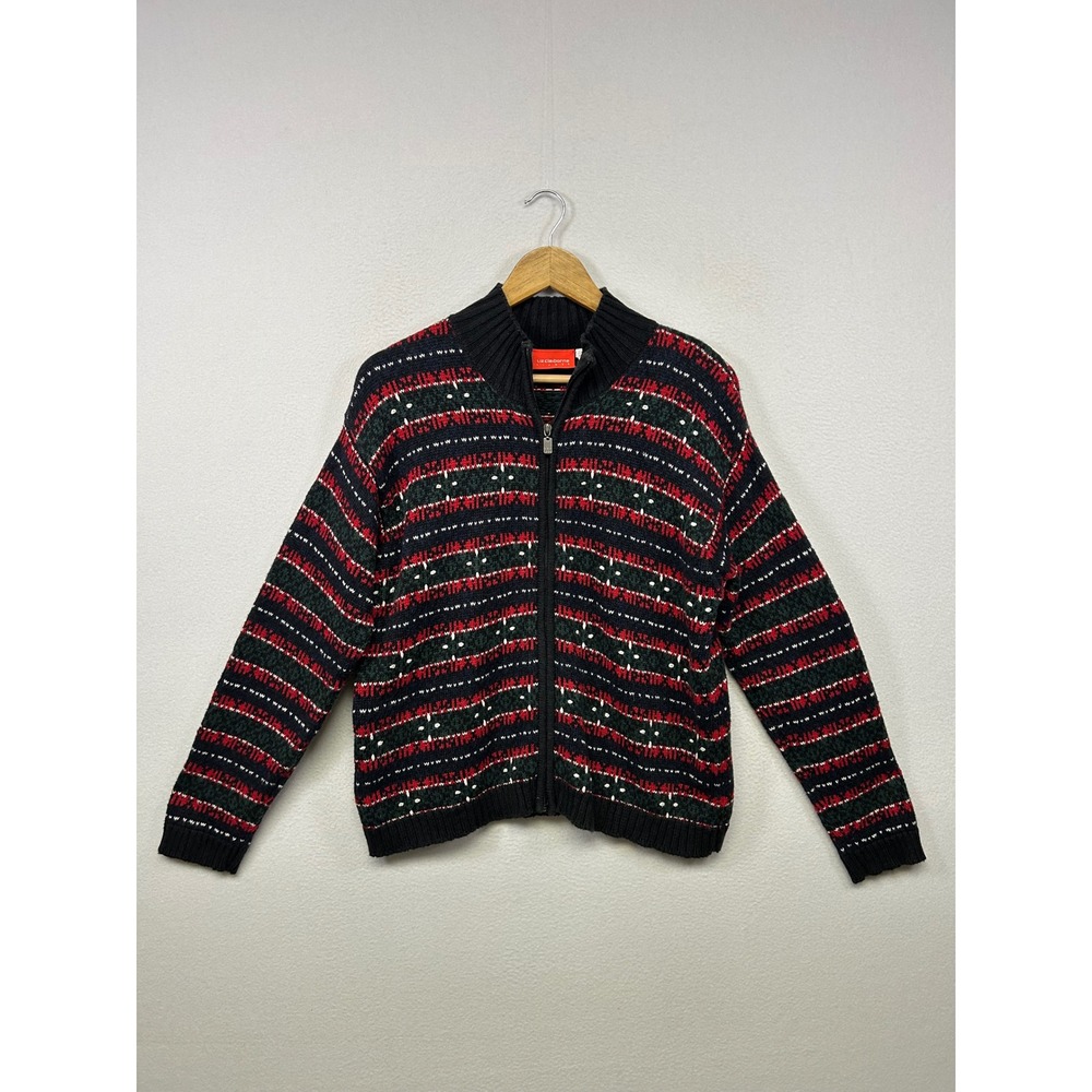 Liz Claiborne Vintage Grandmacore Womens Medium Black Red Fair Isle Zip Sweater
